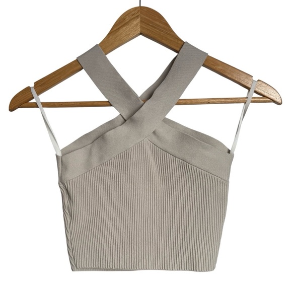 Aritzia Babaton Sculpt Knit Criss Cross Cropped Tank Sz XS Beige Going Out Top - Picture 3 of 8